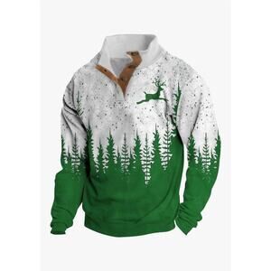 Men's M Winter Christmas Tree Collared Sweatshirt Green White Holiday